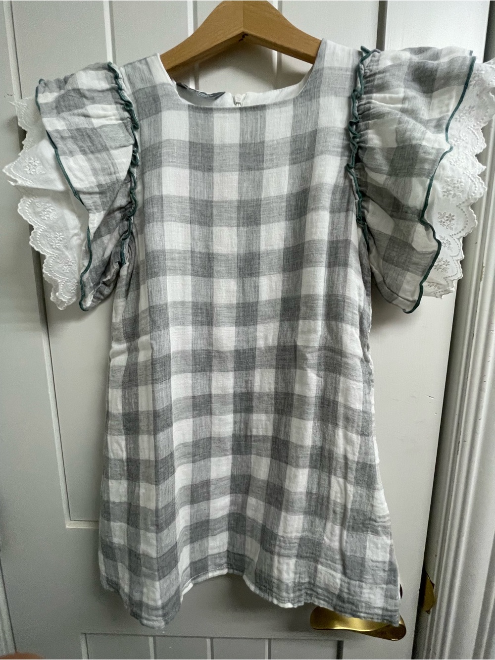 Girls Grey & White Gingham Dress with Ruffle Eyelet Sleeves
